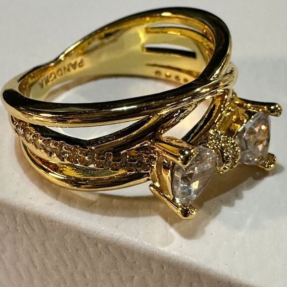 Genuine PANDORA 14k Plated Sparkling Bow Crossover Ring 163511C01 Size 6 - Picture 6 of 9